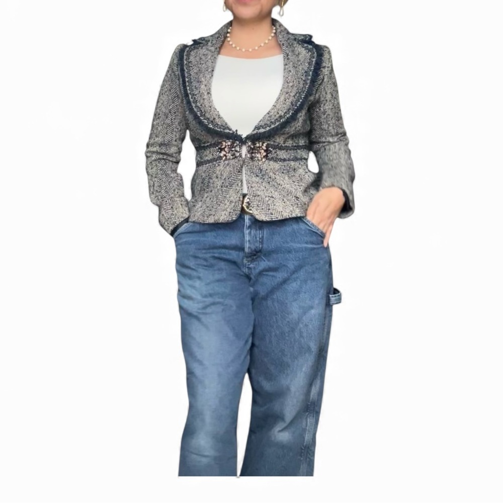 Tweed Peplum Blazer with Embellished Closure - Gray